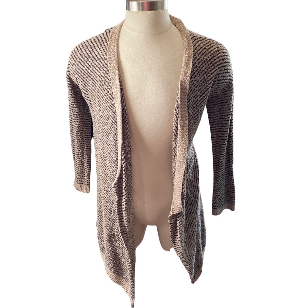 Eileen Fisher Women Beige Black Striped Open Front Cocoon Cardigan Sweater Sz Sm